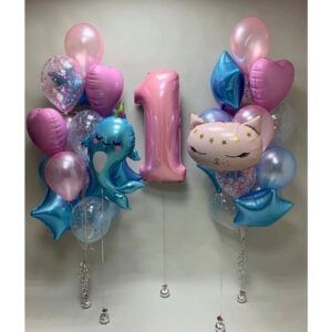 Композиция фонтан из шаров разные цвета - цифра дата 1 годик день рождения