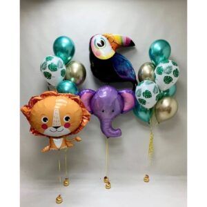 Композиция фонтан из шаров разные цвета животные для ребенка