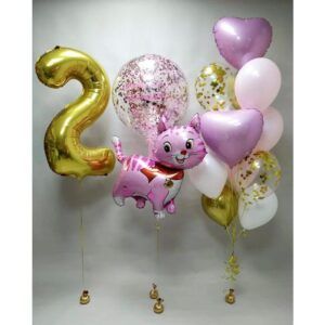 Композиция фонтан из шаров розово-золотая конфетти  - цифра дата 2 годика день рождения