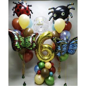 Композиция фонтан из шаров, бабочки и жучки - цифра дата 6 лет день рождения