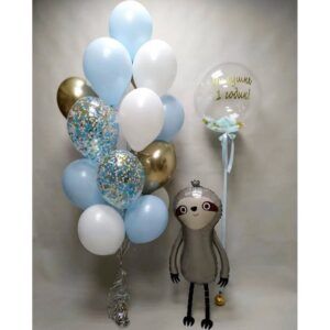 Композиция фонтан из шаров нежно-голубой, ходячй шар - цифра дата 1 годик день рождения