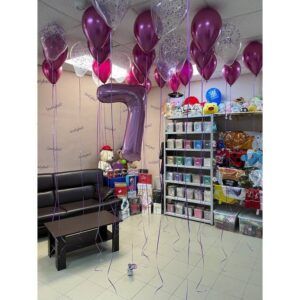 Композиция фонтан шаров фиолетовый конфетти - цифра дата 7 лет