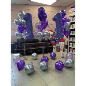 Композиция фонтан шаров фиолетовый конфетти цифра дата 11 лет