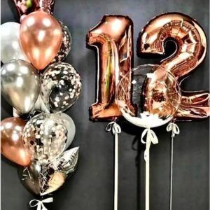 Композиция фонтан шаров золото фиолет - цифра дата 12 лет