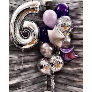 Композиция фонтан шаров стальной фиолет - цифра дата 6 лет