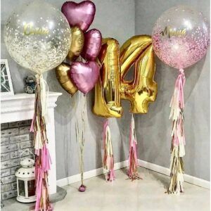 Композиция шаров стальная розовая золотая - цифра дата 14 лет  День рождения ребенка