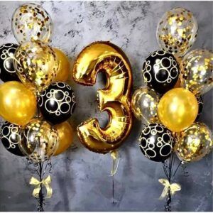 Композиция фонтан шаров черно золотая сталь - цифра дата 3 лет