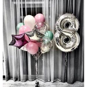 Композиция фонтан шаров разные цвета - цифра дата 8 лет