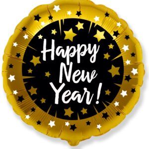 Шар (18''/46 см) Круг, С Новым Годом (искры звезд), Черный/Золото, 1 шт.
