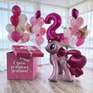 Композиция из шаров, бабблс и подарочная коробка - Розовый пони