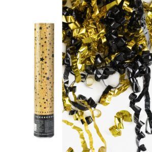 Пневмохлопушка (12/30 см), Звездный фейерверк, Серпантин фольга, Черный/Золото, 1 шт.